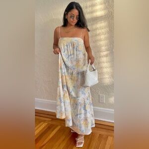 Abercrombie Linen Floral Maxi Sundress in Cream and Blue